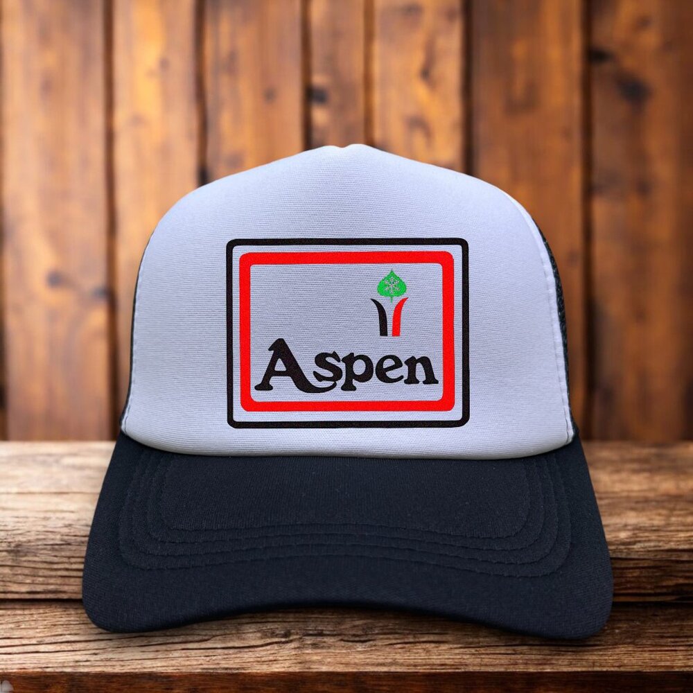 Vintage Aspen Mens Trucker Hat Black Snapback Colorado Skiing 1950s Logo Cap - Picture 1 of 4